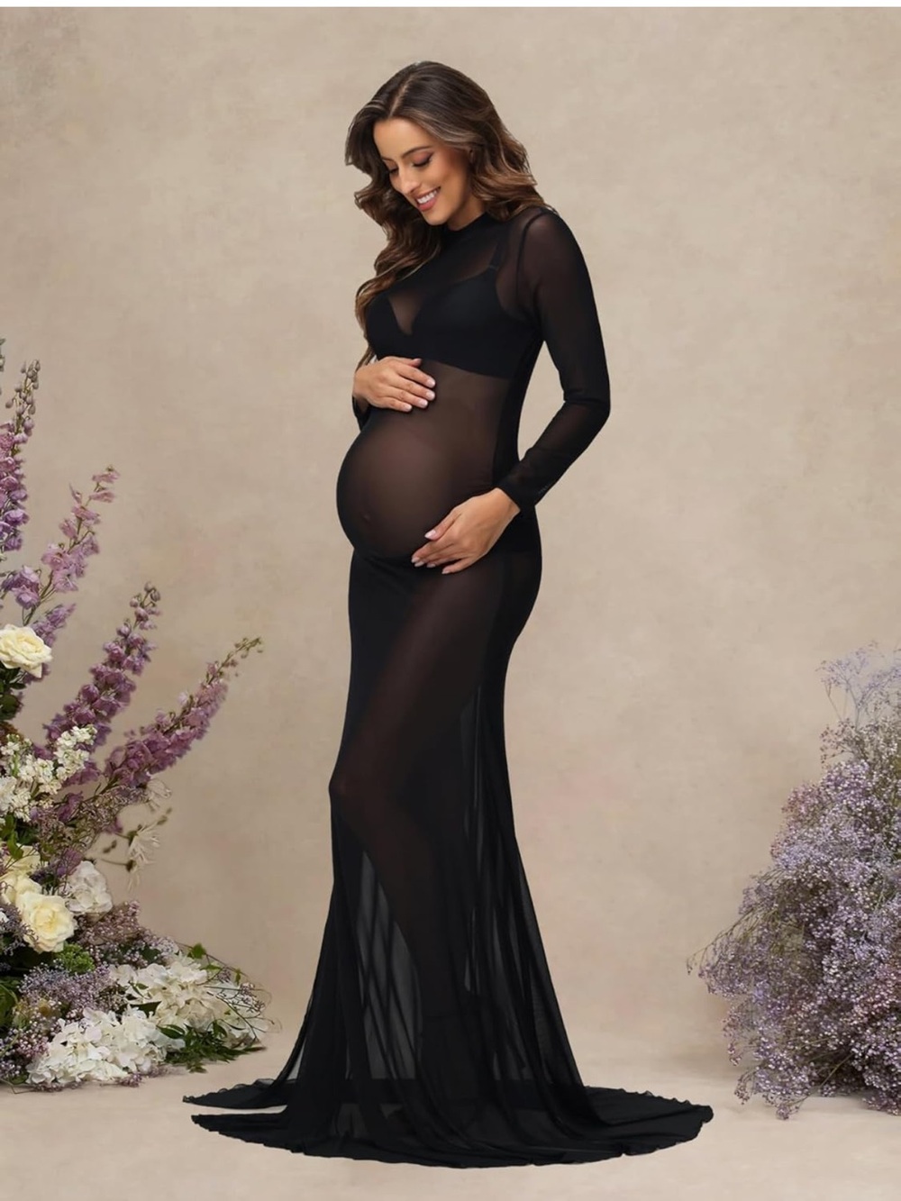 Maternity Sheer Long-Sleeve Maxi Dress - Black